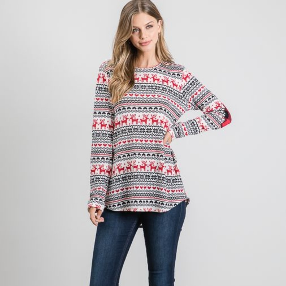 Long sleeve reindeer top with patch detail